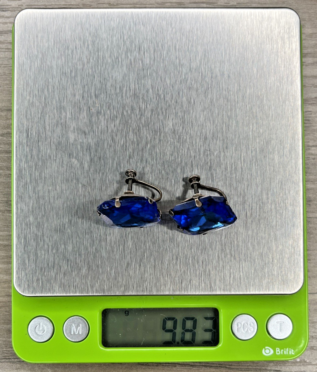 Sterling 925 Diamond Shaped Blue Rhinestone Cushion Cut Screwback Earrings VTG