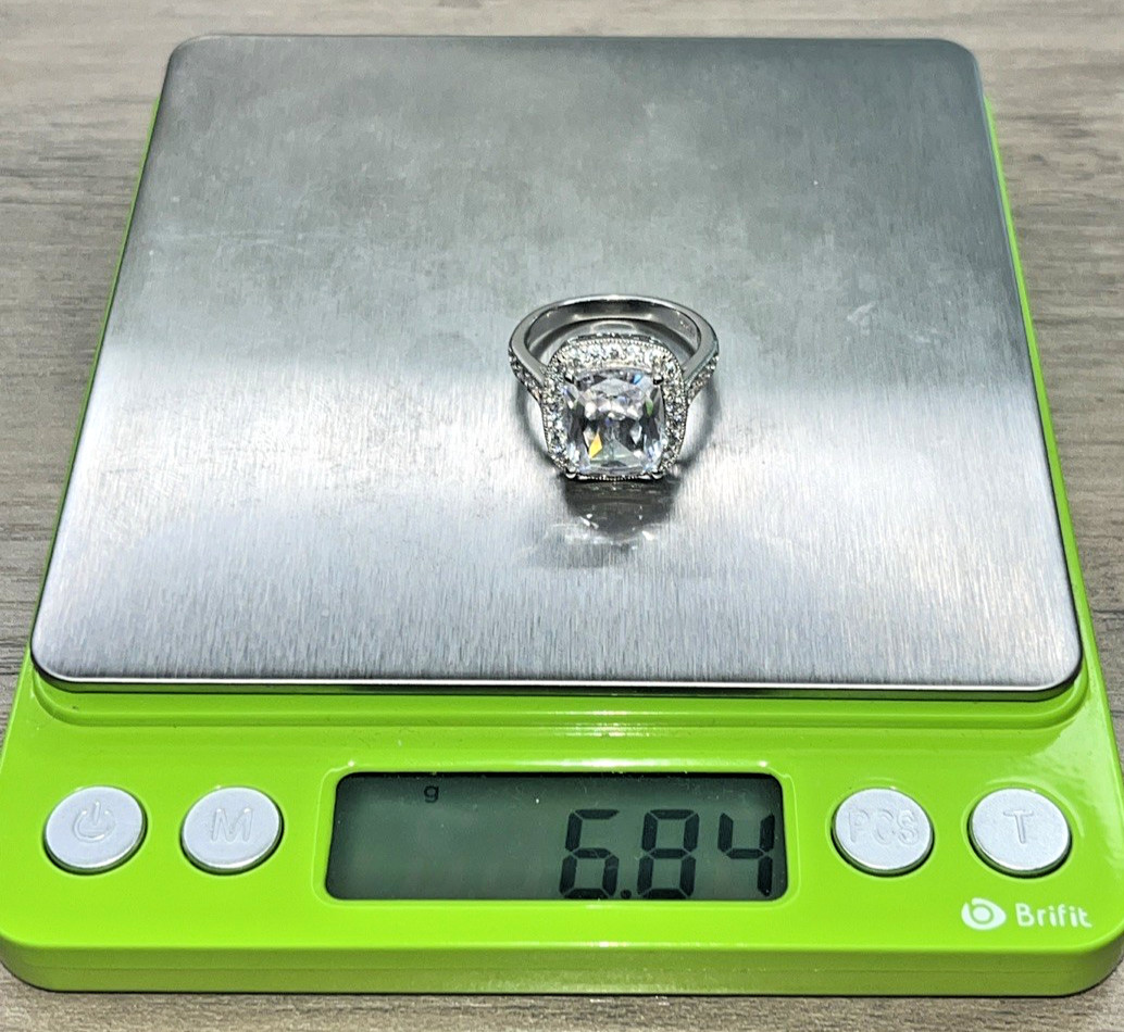 Signed PAJ Sterling 925 Clear CZ Cushion Cut Ring Halo With Side Stones SZ 8 6g