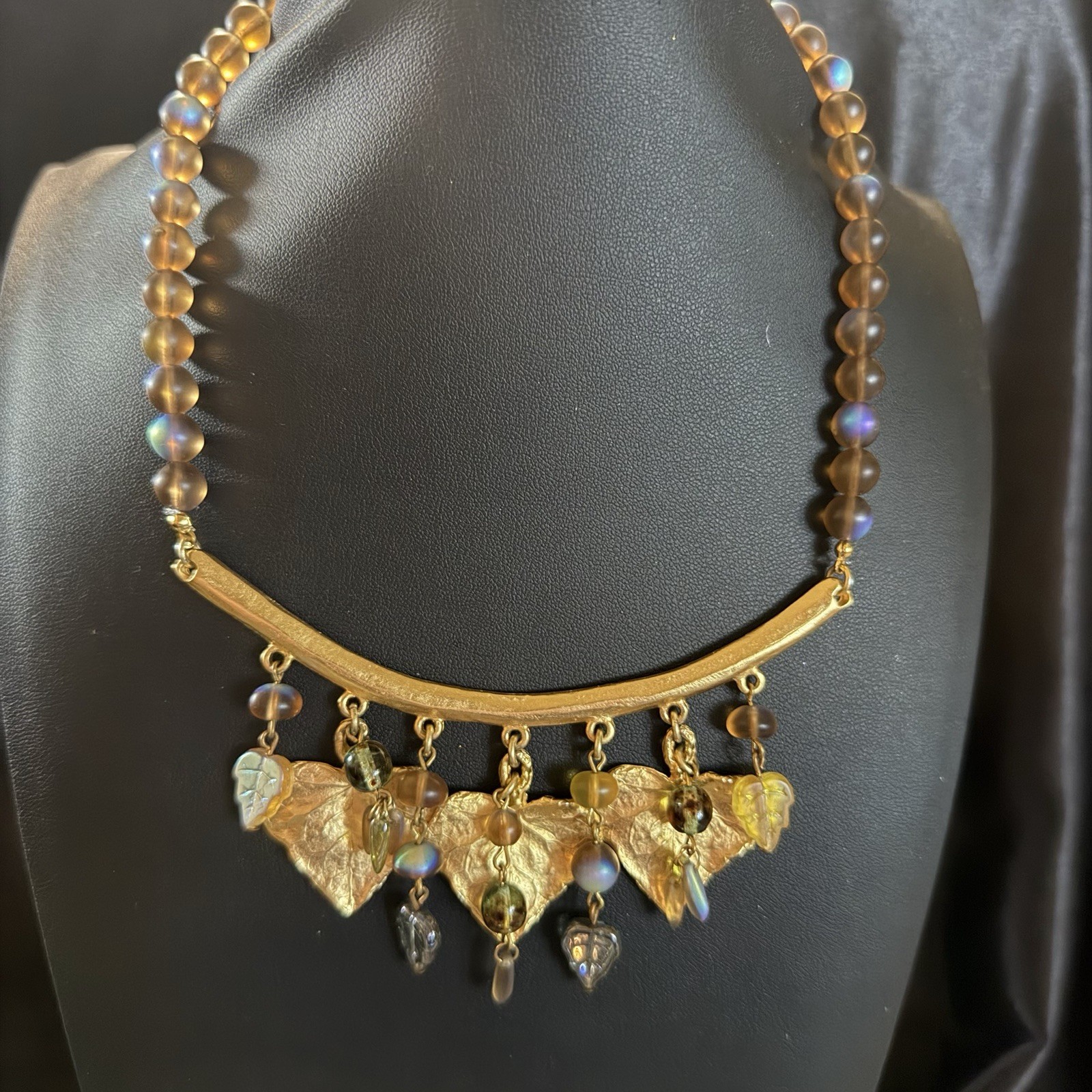 Vintage Art Nouveau revival type statement bib necklace Gold-tone Leaves Glass