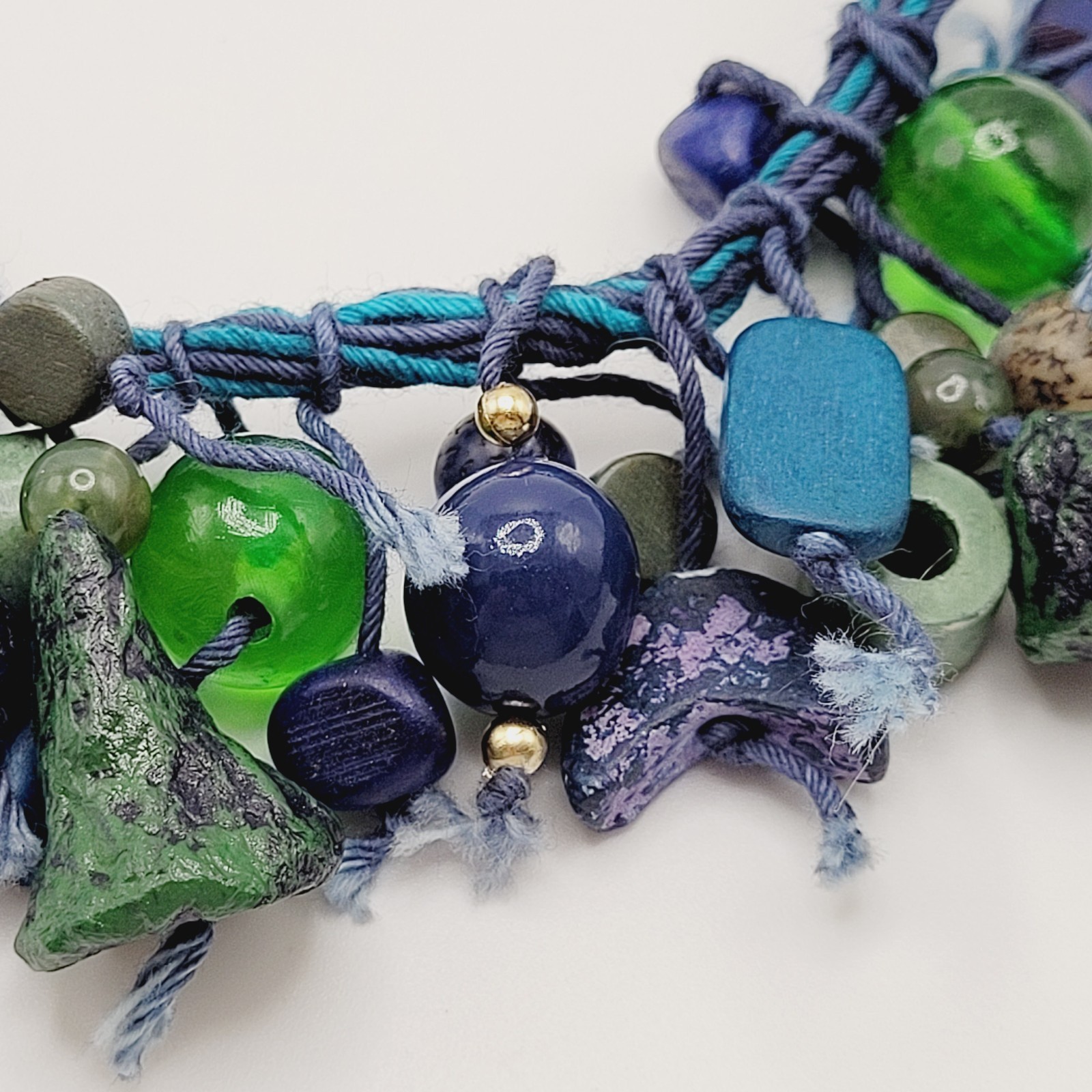Eclectic Artsy Artisan Braided Cotton Mixed Material Beaded Vintage Necklace