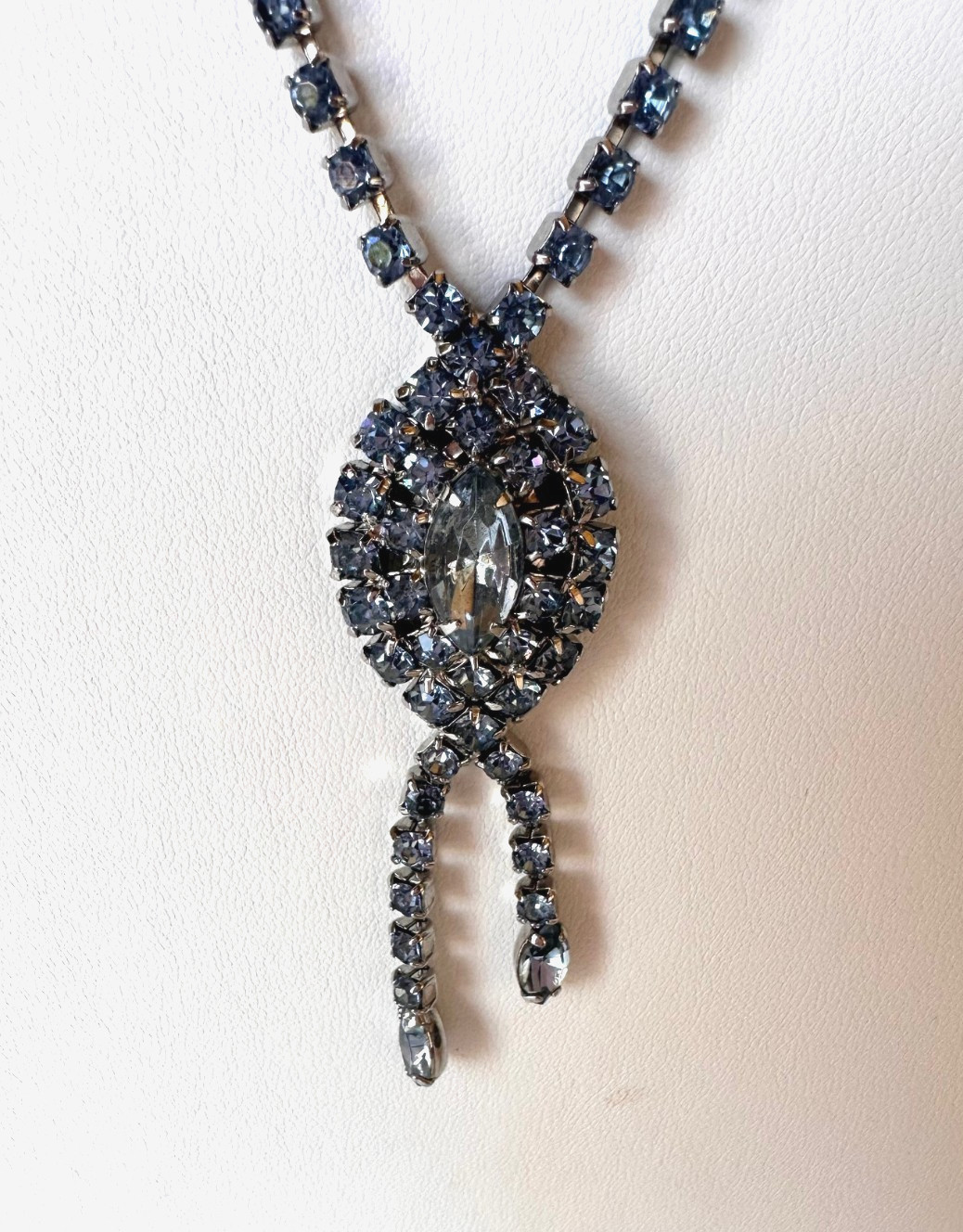 Stunning Vintage Blue Rhinestone Long Necklace and Matching Clip On Earrings