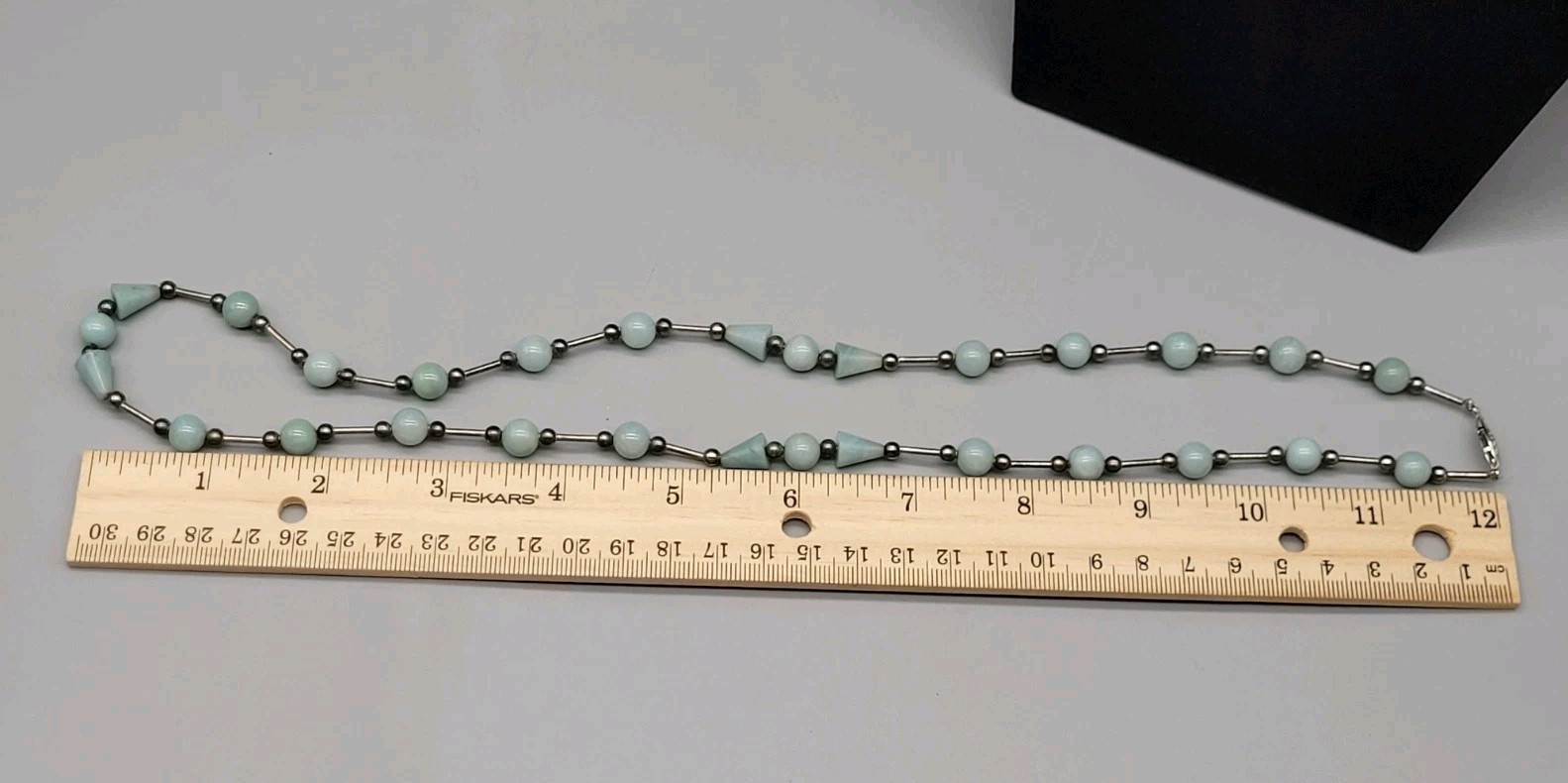 Gorgeous Light Blue Stone Bead 24″ Necklace & Earrings Set Cone/Round Shapes