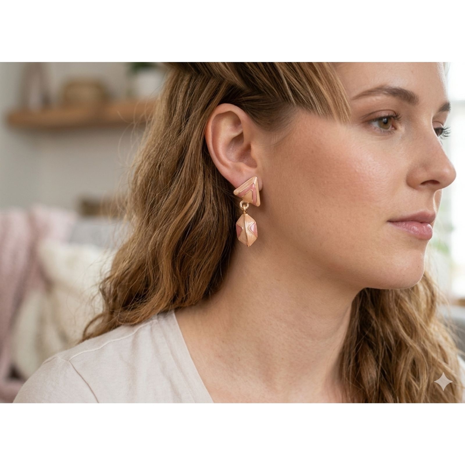 Vintage Enameled Stud Dangle Earrings Peach Light Brown Gold Tone Retro Pretty