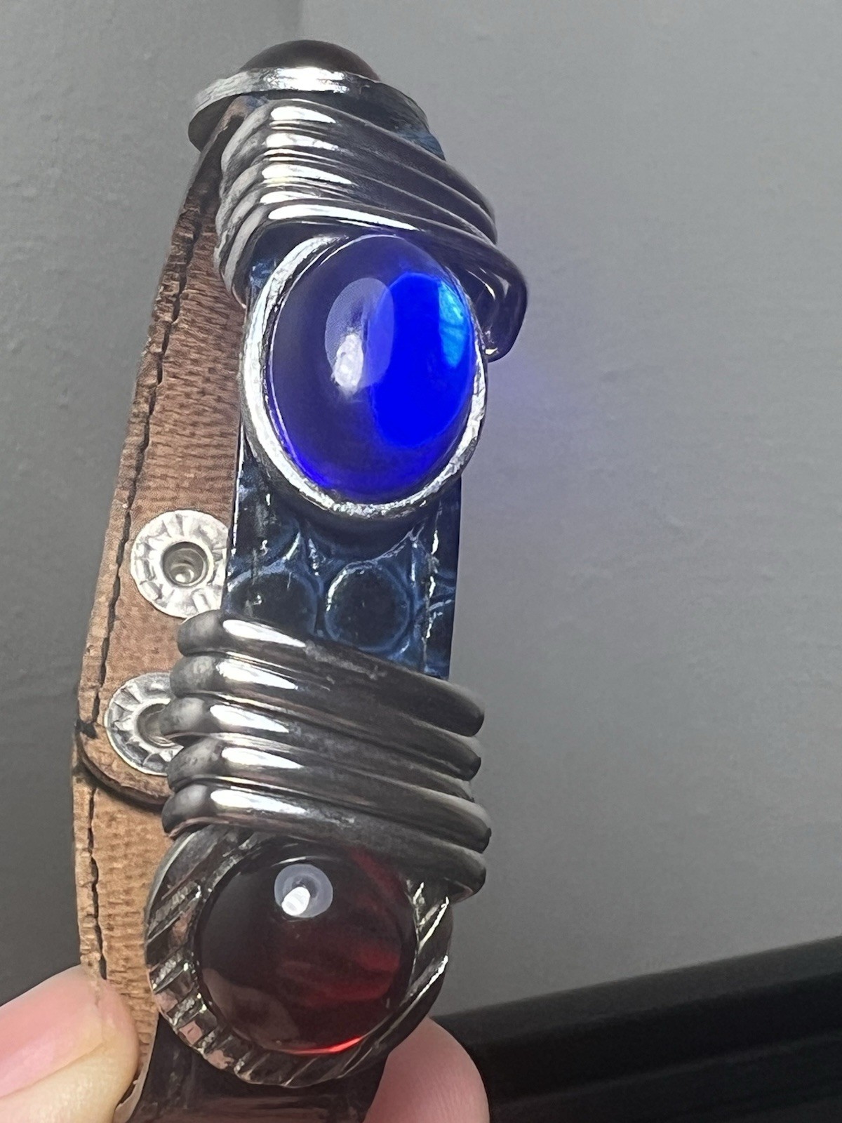 RARE 80s Rau Klikit Blue Leather Cuff Bracelet Punk Western Retro VTG Statement
