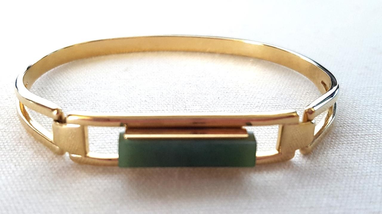 1978 AVON Gold Tone Modernist Bracelet, Clamper Clip Bangle, JADE Stone