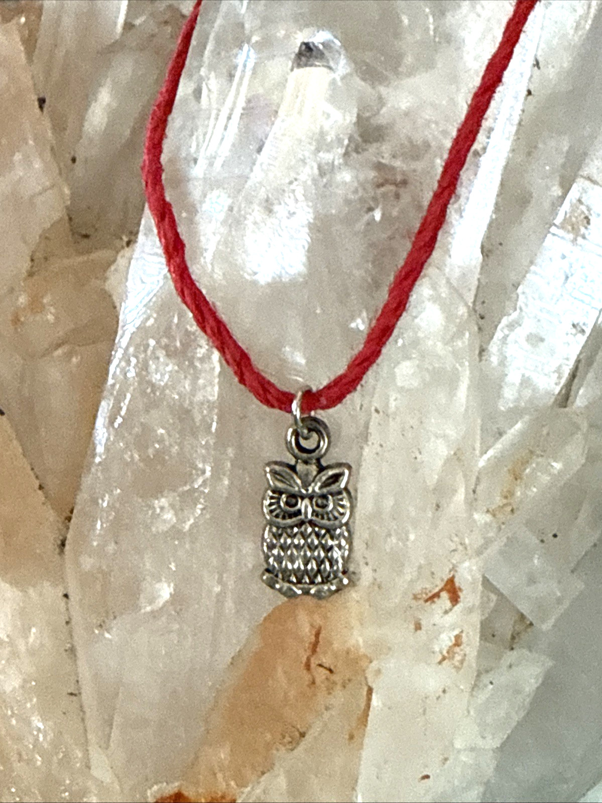 tiny OWL CHARM Dainty Necklace Hemp Cord Boho Festival Tibetan Silver Tone GIFT