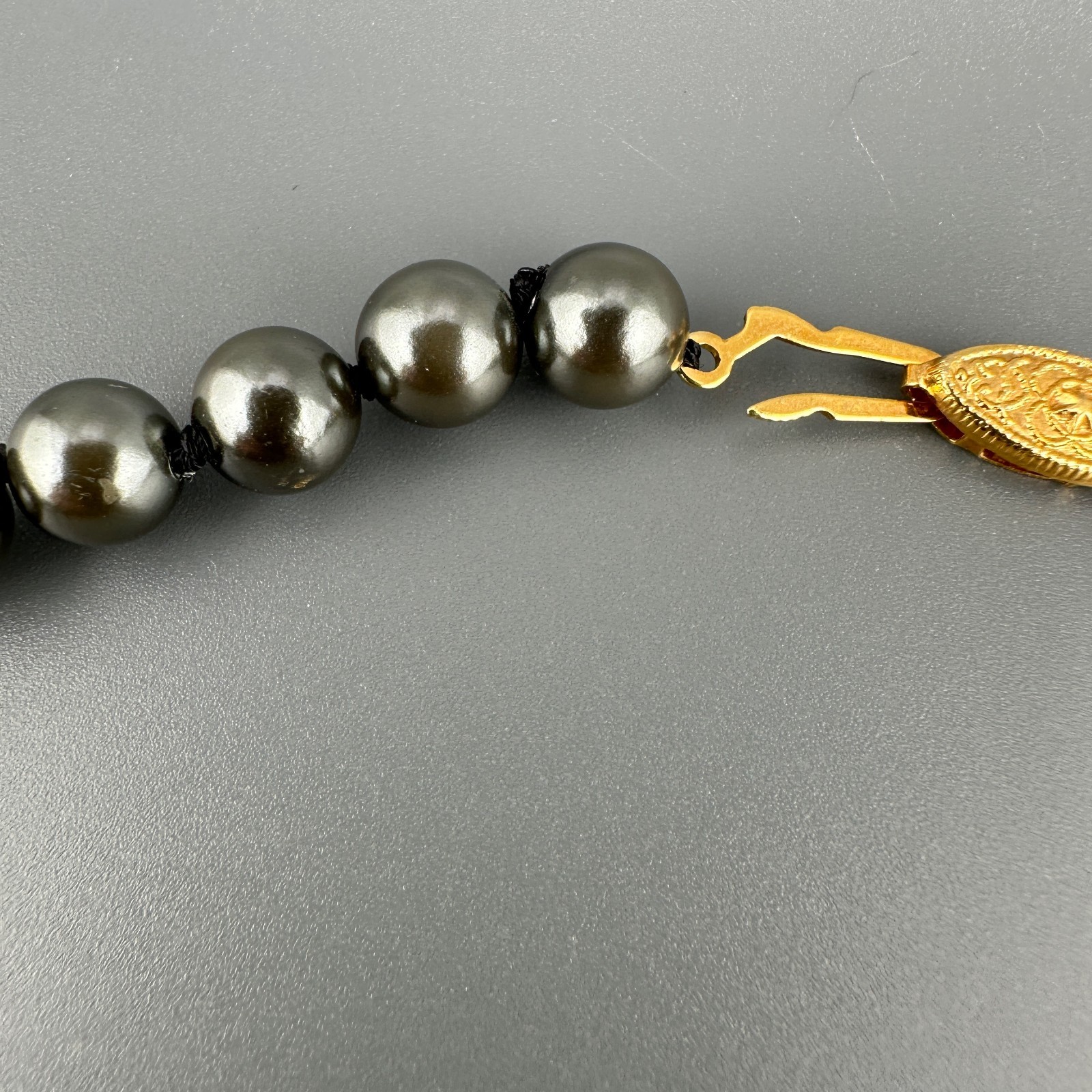 Vintage Glass Pearl Necklace Hand Knotted Charcoal Gray Gold Tone Filigree Clasp