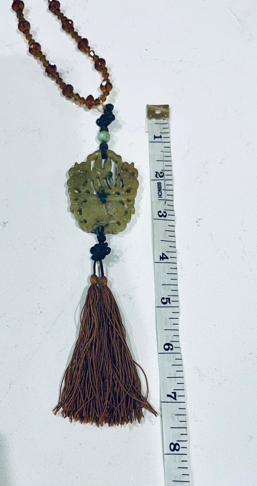 Vintage MCM Jade Pendant Necklace With Amber Glass Beads & Silk Tassel, STUNNING