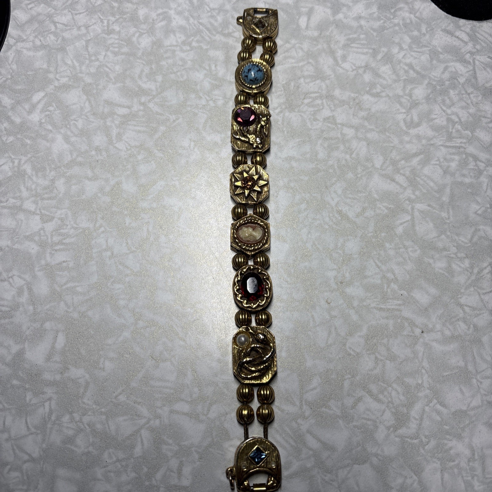 Vintage Slides Charm Bracelet Goldette Signed 7inches