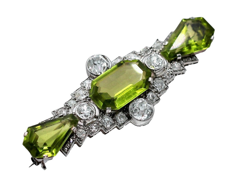 Beautiful Vivid Green Peridot & Lab-Created White Diamonds Art Deco Brooch Pin