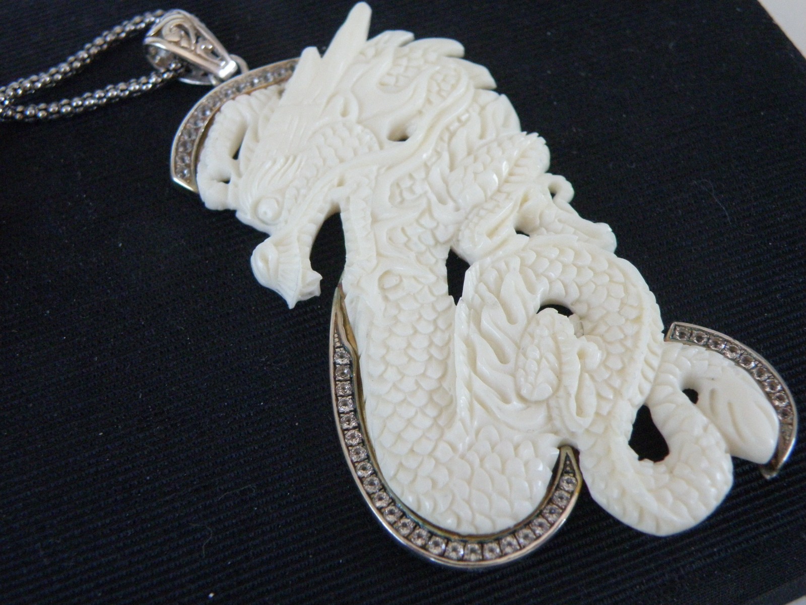 Huge Samuel B Carved CZ Dragon Statement Pendant Popcorn Mesh Necklace