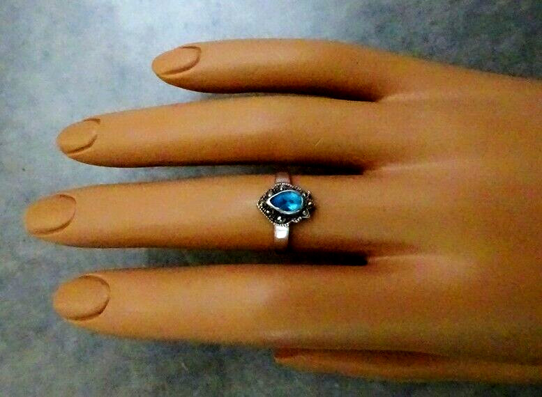 Vintage 925 Sterling Silver Marcasite Blue Topaz Ring Size 6.5 Signed CW