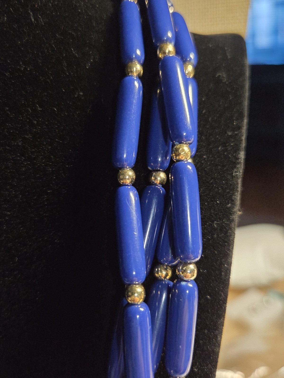 NWT Vintage Royal Blue Tacoa Lucite Beaded 16″ Necklace Gold Tone Spacers