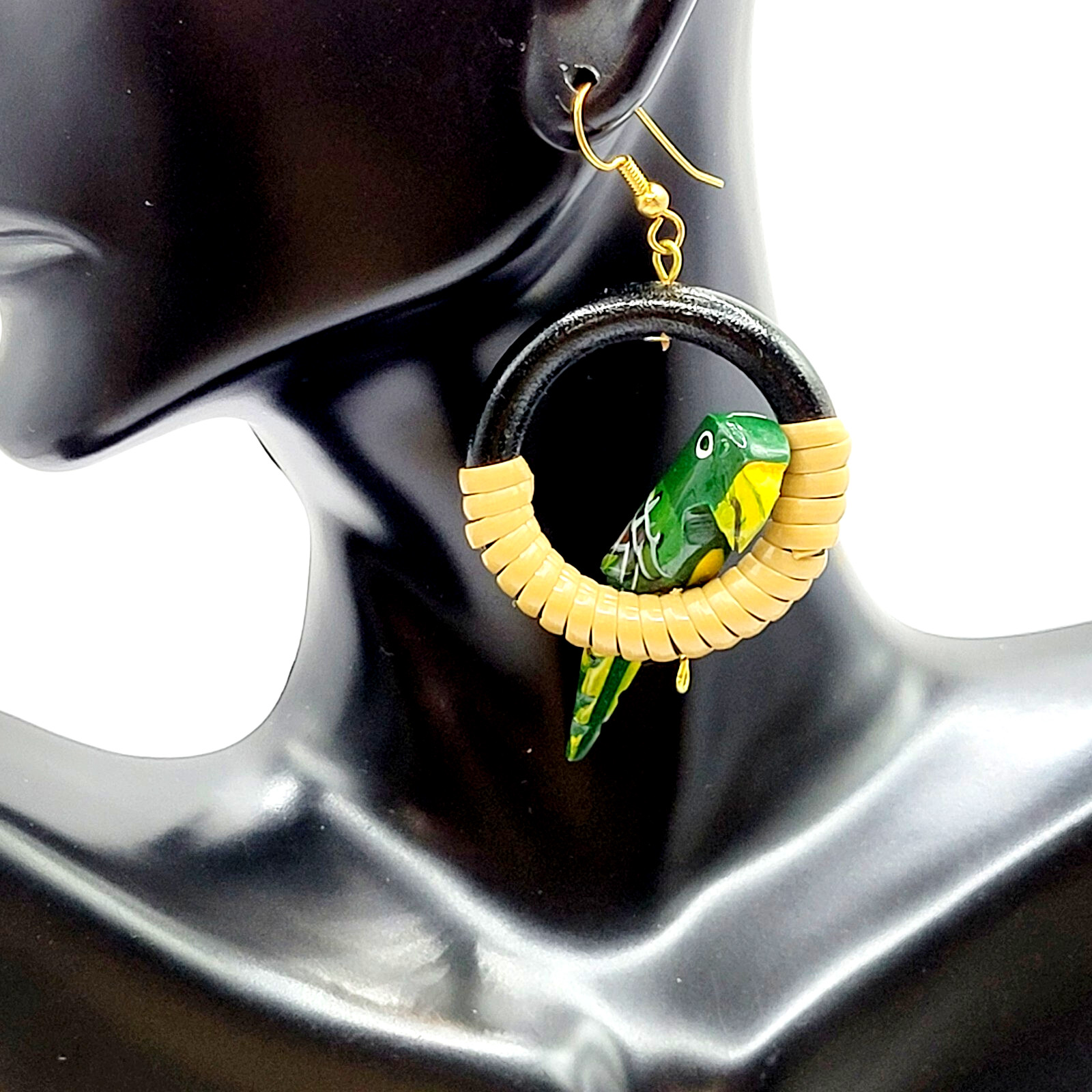Parrot Macaw Tropical Hand Painted Carved Bird on Hoop Hook Pierced Vtg Earrings