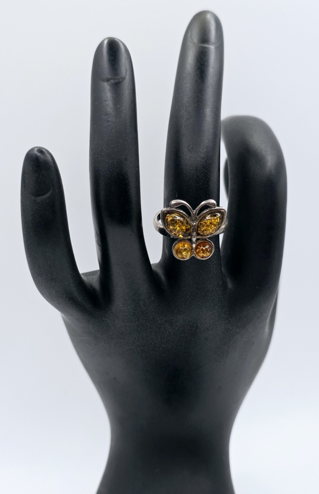 Vintage 925 Sterling Silver Baltic Amber Butterfly Ring Multi Color Size 7.5