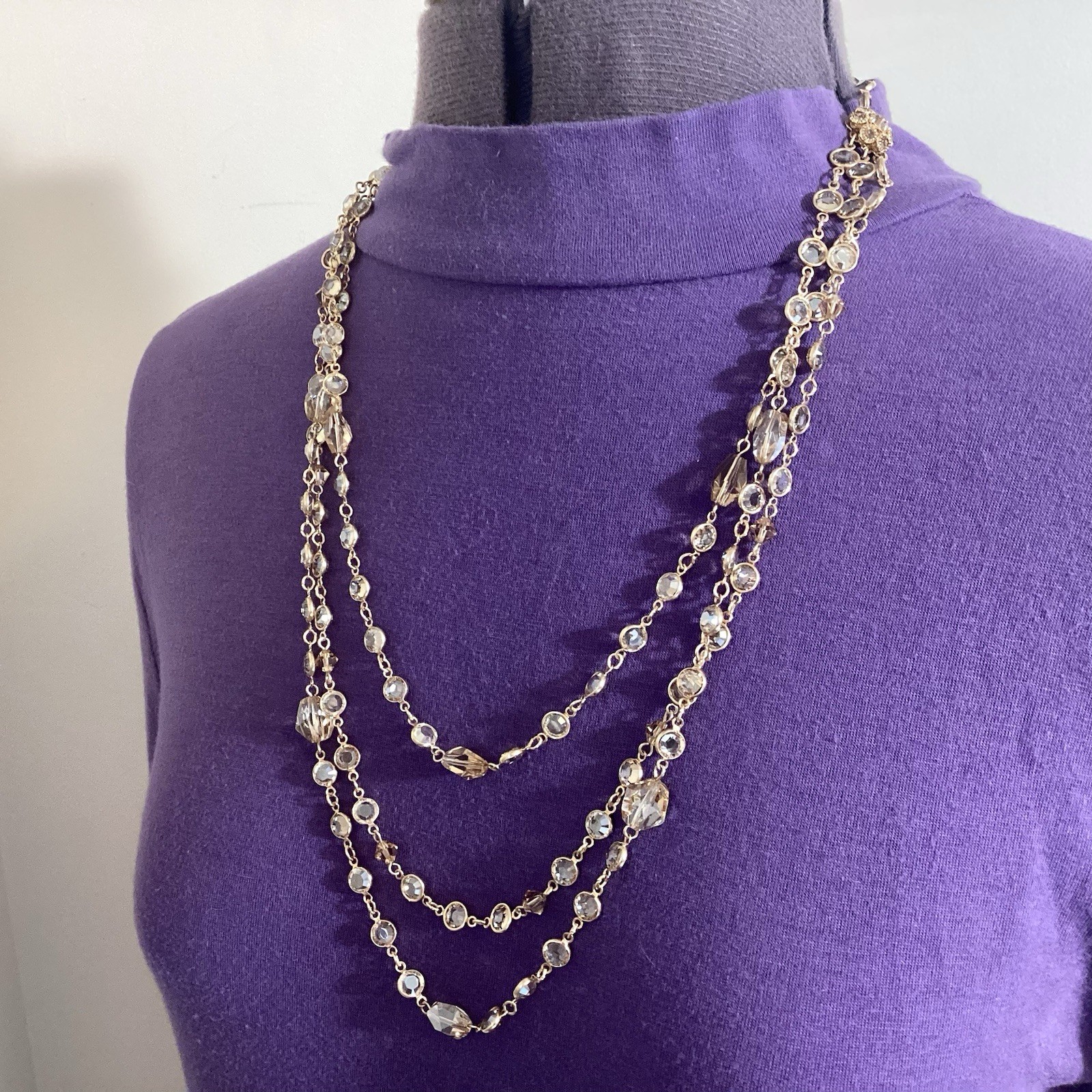 Austrian Crystal USA Signed GoldTone Bezel Champagne Multi-Strand Necklace 24.5”
