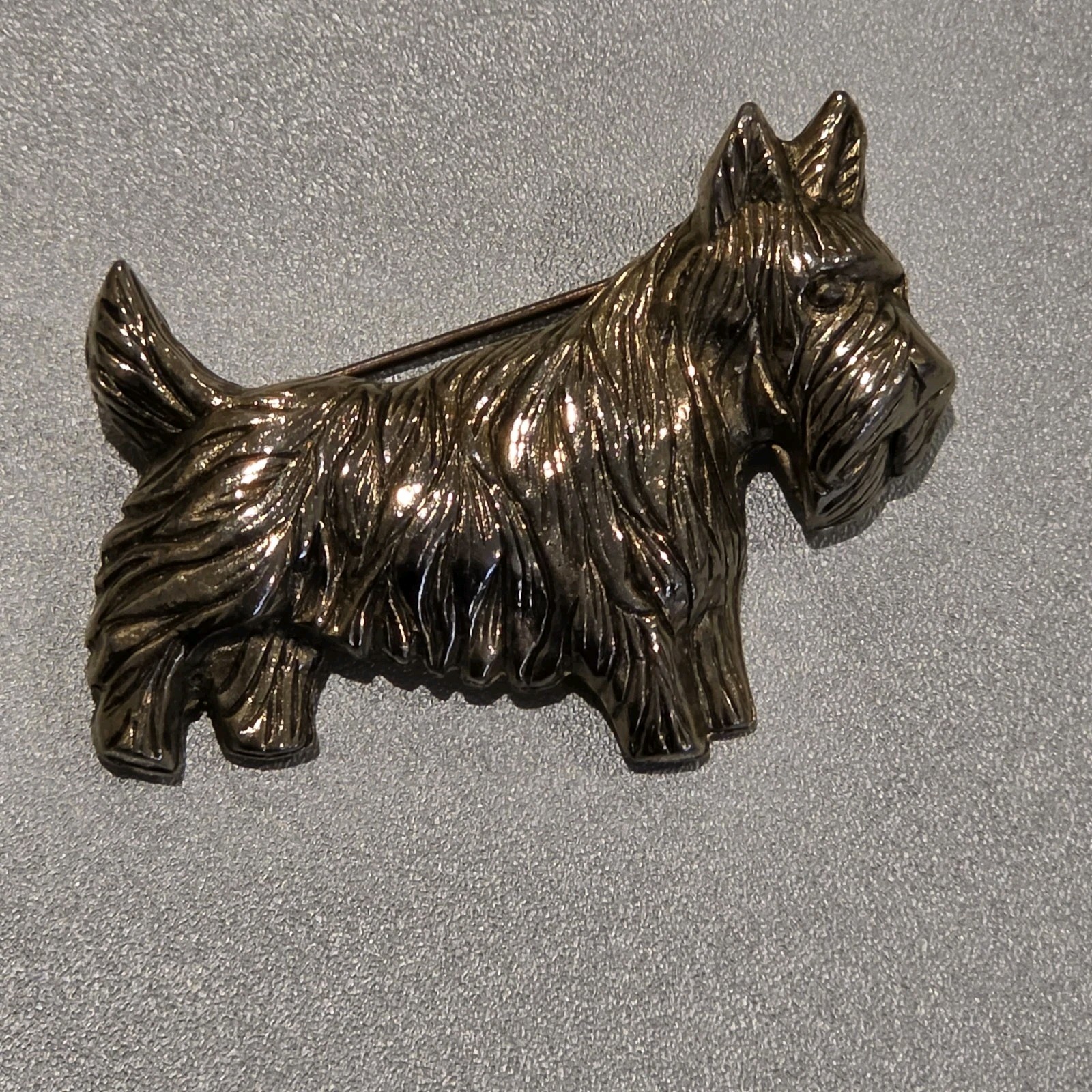 Mid Century Gold Tone Metal Dog Brooch Pin Detailed Shaggy Fur Figural