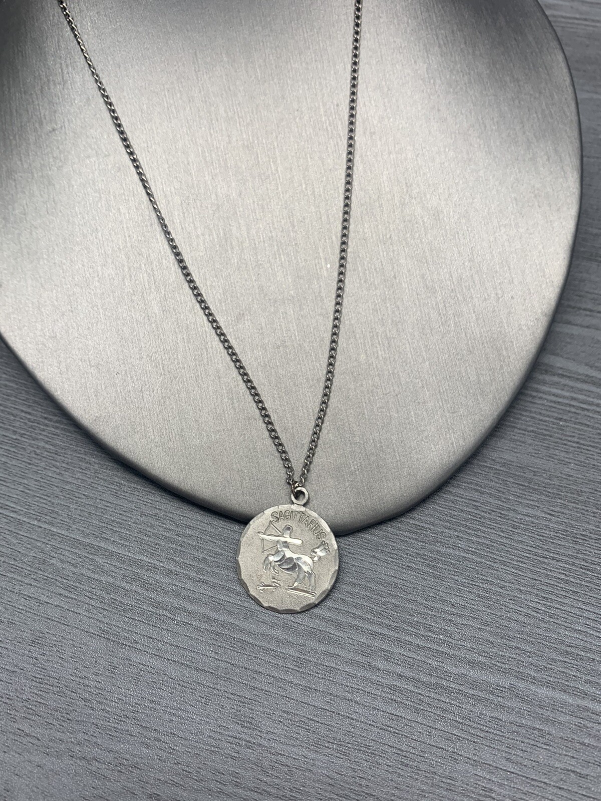 Vintage Pewter BDA Zodiac astrology Sagittarius Engraved Pendant Necklace 18”