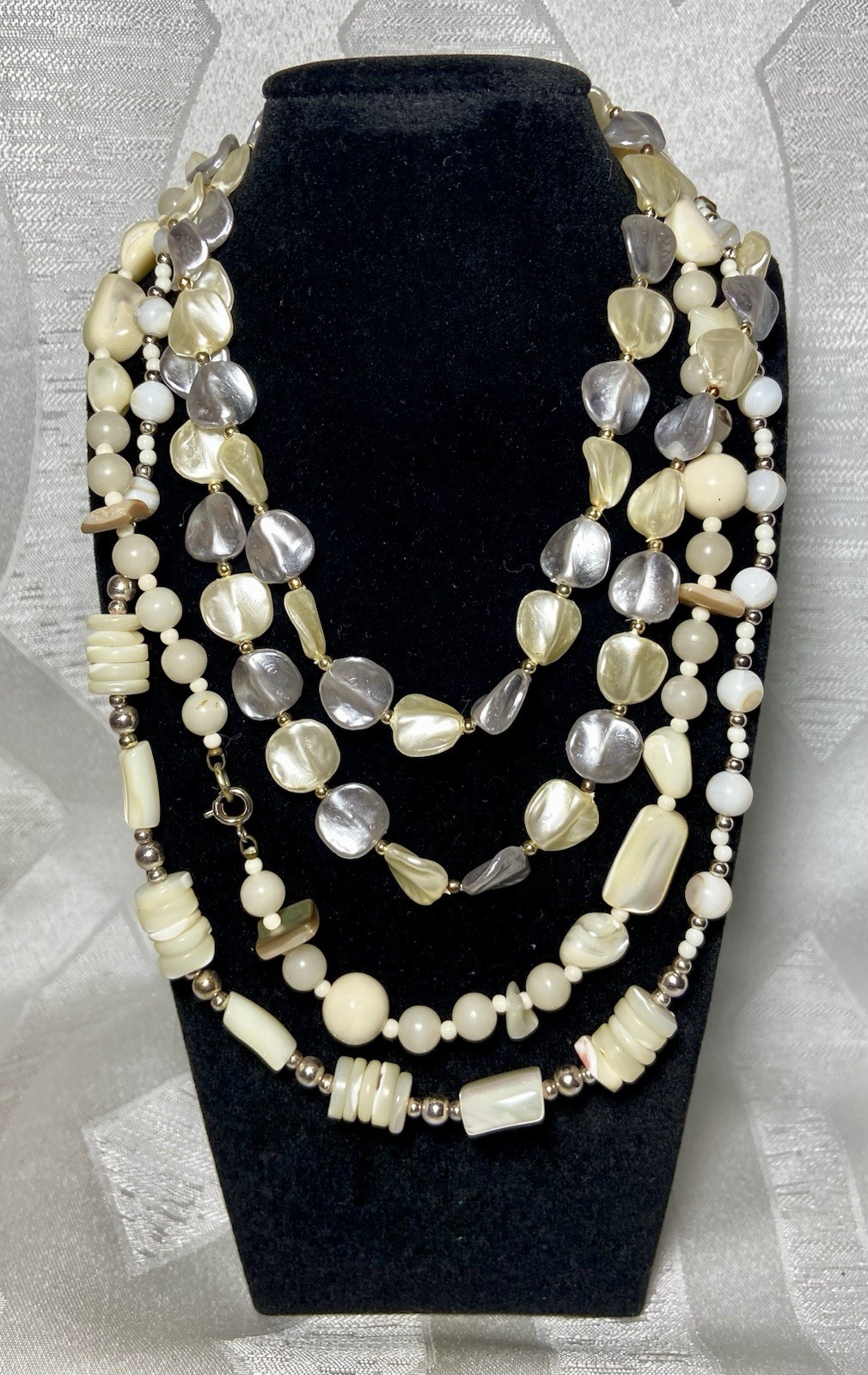 3 Piece Vintage Beaded Statement Necklace Lot, White & Grey Abstract, Layering