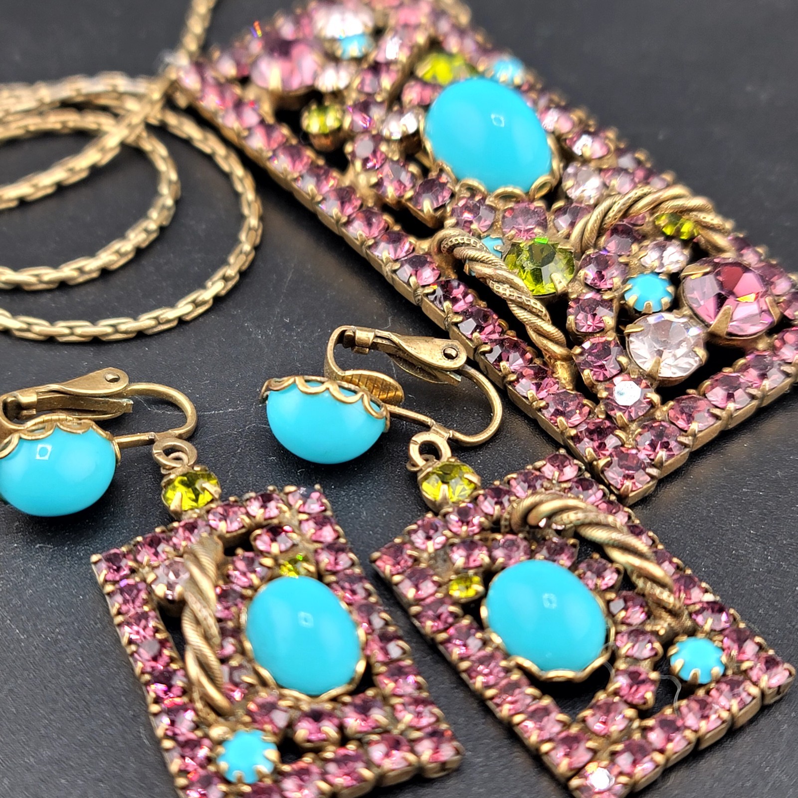 Vtg 3 pc Set Brooch Pendant Earrings Purple Rhinestones Blue Cabochons Jewelry