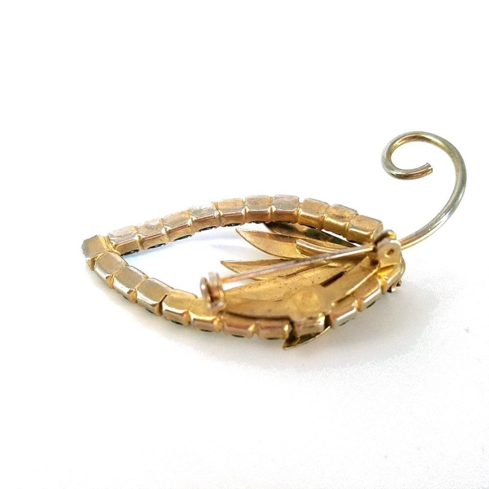 Vintage Green Rhinestone Floral Brooch, Mid-Century, 2 3/8 Inches