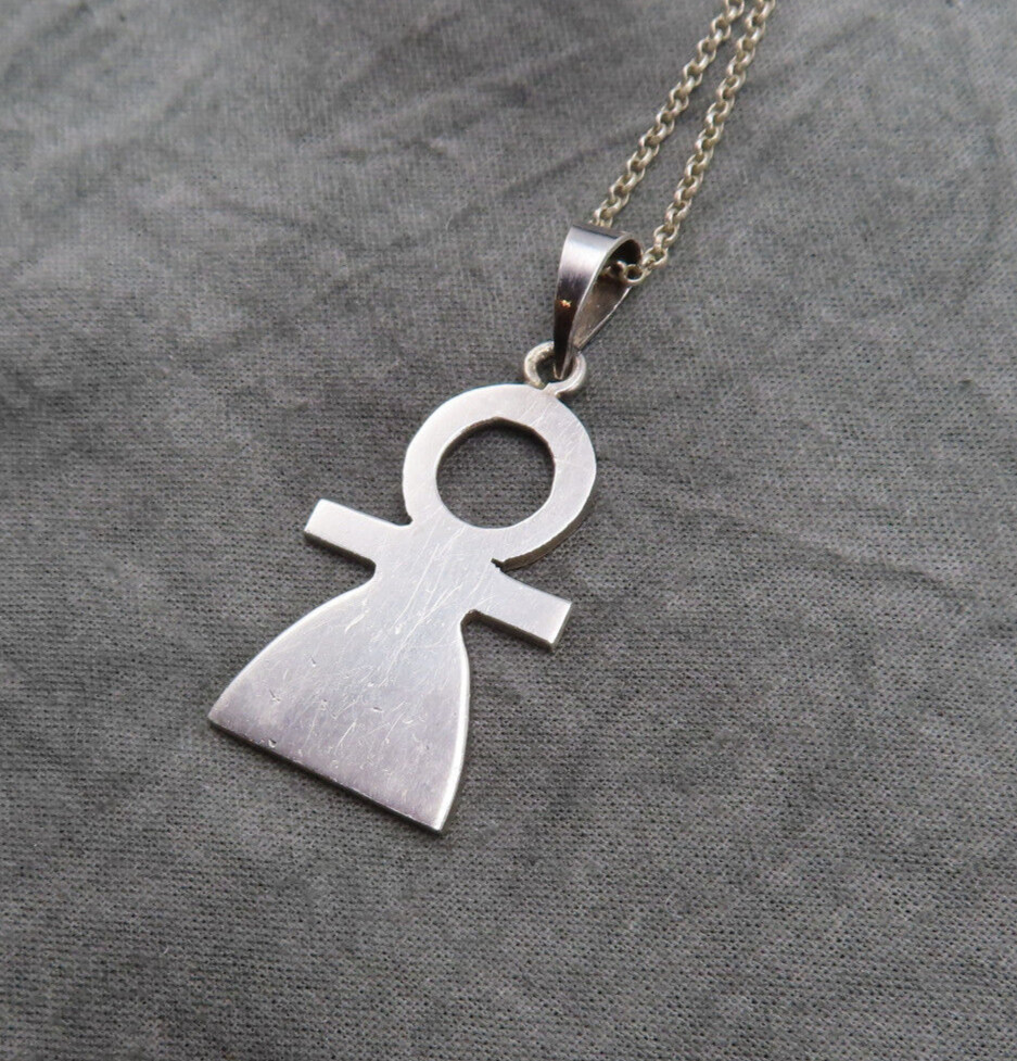 Vintage Sterling Silver Necklace Person Pendant 20 inch Chain Modernist 515a
