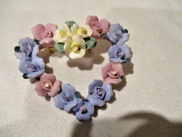 AVON Hearts & Flowers Brooch Genuine Porcelain in Variety of Pastel Colors 1998