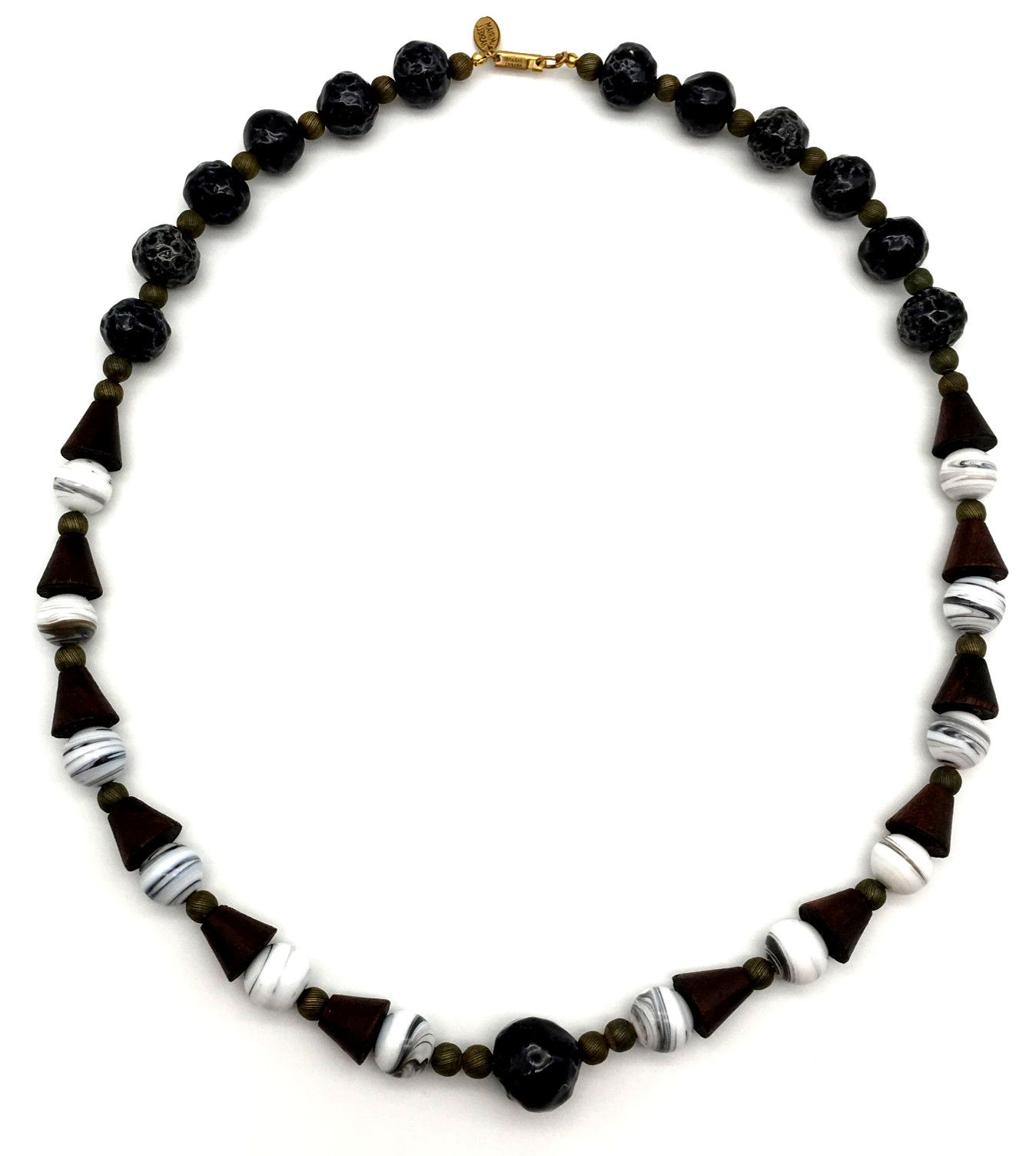 Miriam Haskell Signed Black Ceramic Cone Wood White Art Glass Beads 24″ Necklace