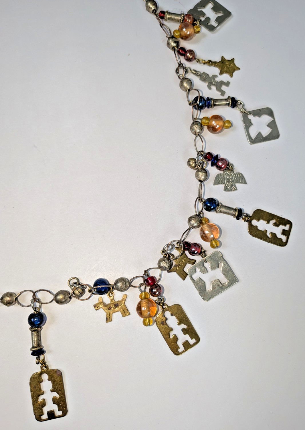 Vintage 70s Milagros Charm Necklace, Brass & Silver w/ Glass Beads, 26.5”