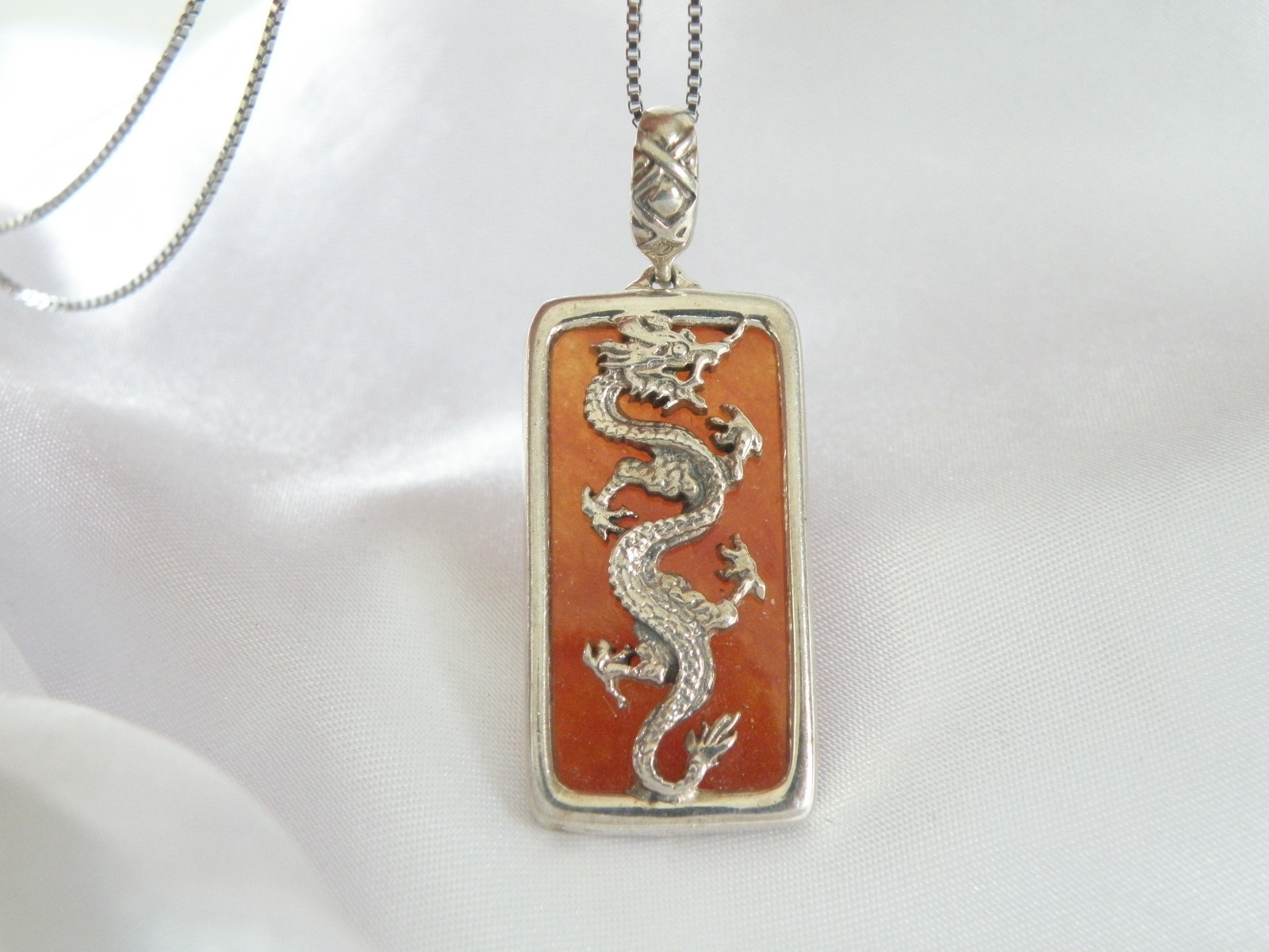 Vintage Sterling Silver 925 Red Jade Asian Dragon Pendant Necklace