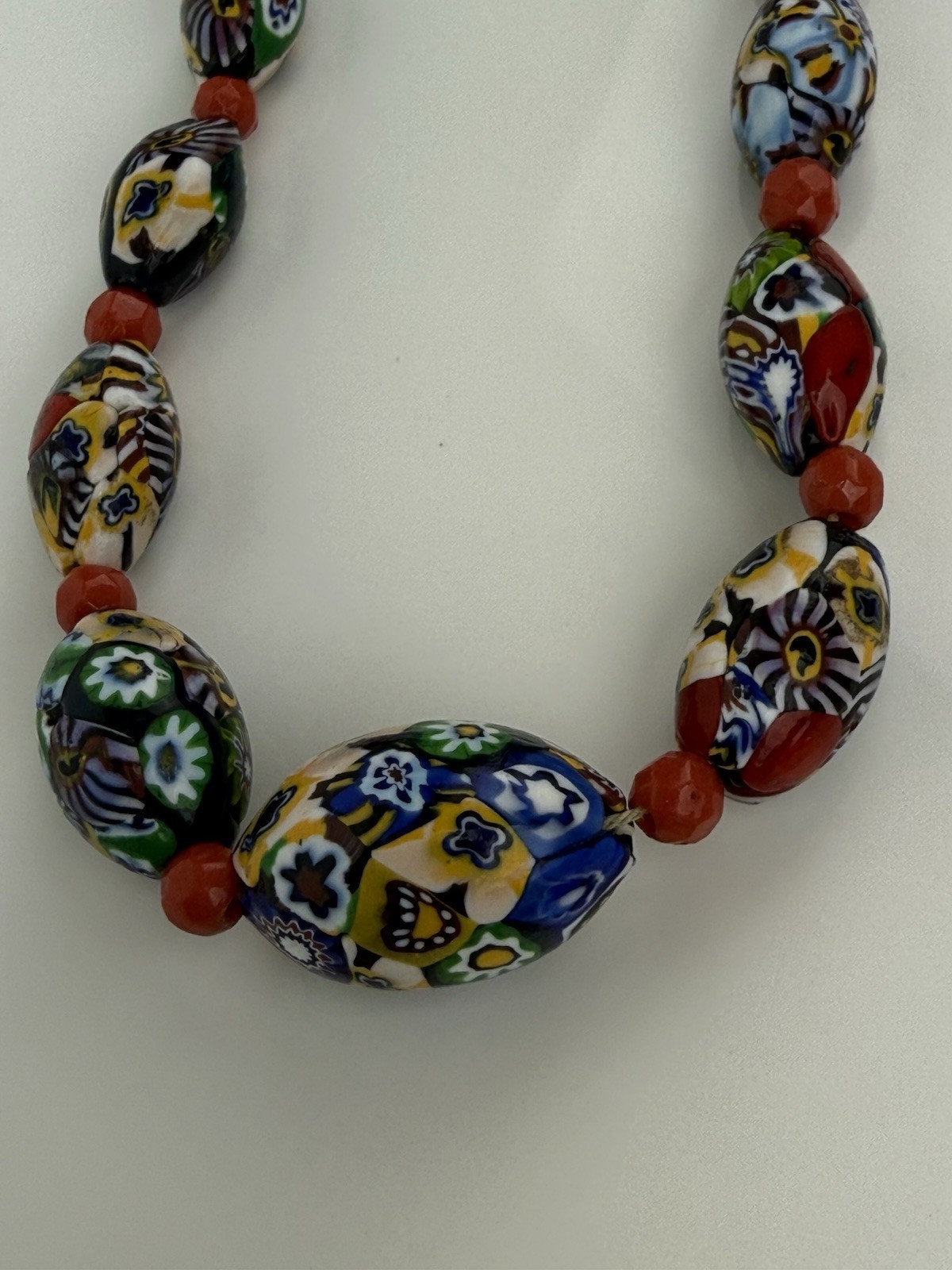 Venetian Millefiori Glass Graduated Bead Necklace Multicolor Oval Beaded 19” VTG