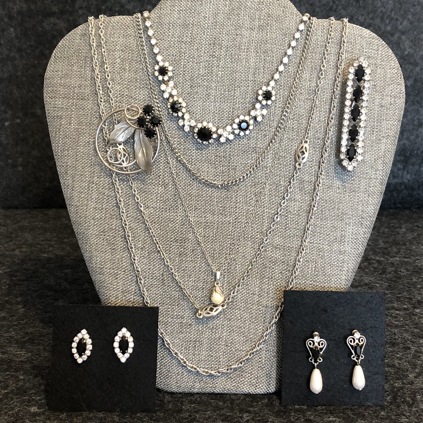 Vintage Art Deco Style Necklace Brooch Earrings Lot Of 7 Black Clear Rhinestone