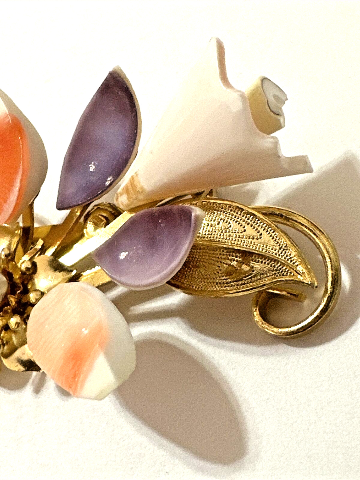 Vintage FLORAL Brooch Pink White Purple Shell Petals Gold Tone w/ Box 2″