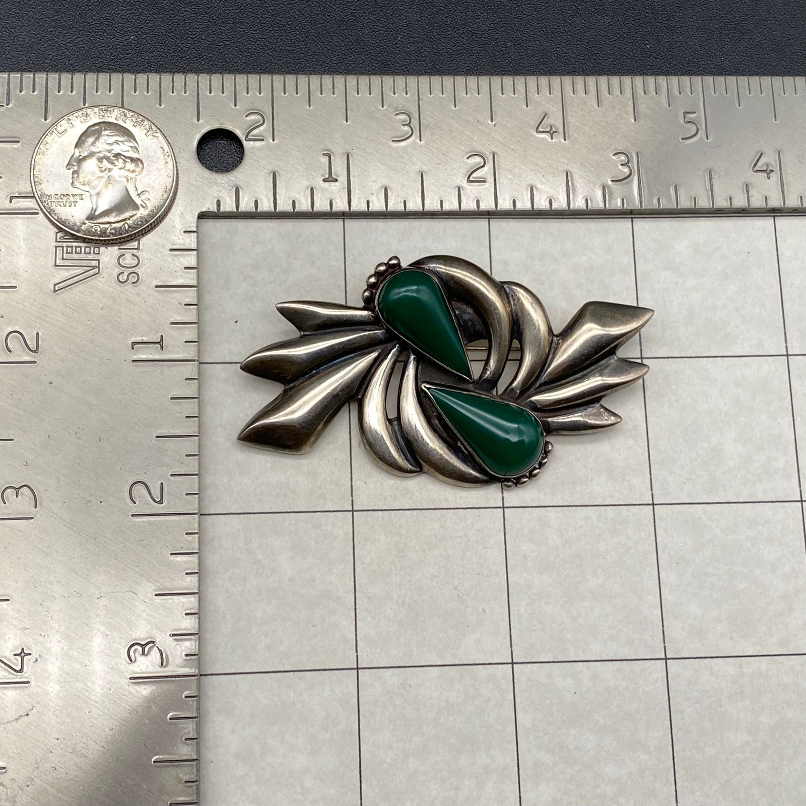 Vintage Mexico Green Onyx Sterling Silver Pin Brooch