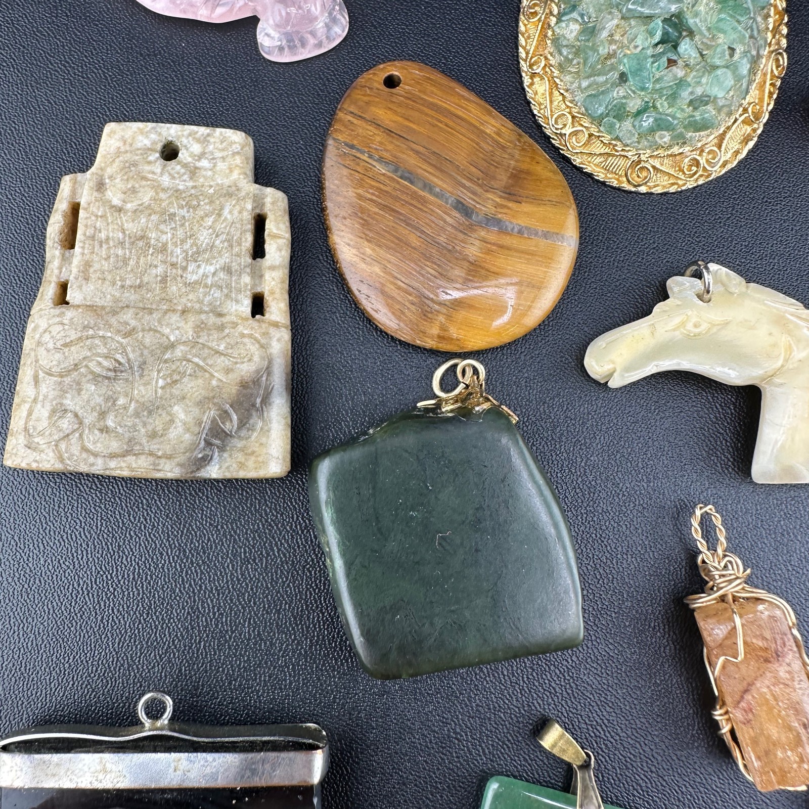 Vintage Gemstone Pendant Charm Lot Jade Quartz Agate Tigers Eye Jasper 25+
