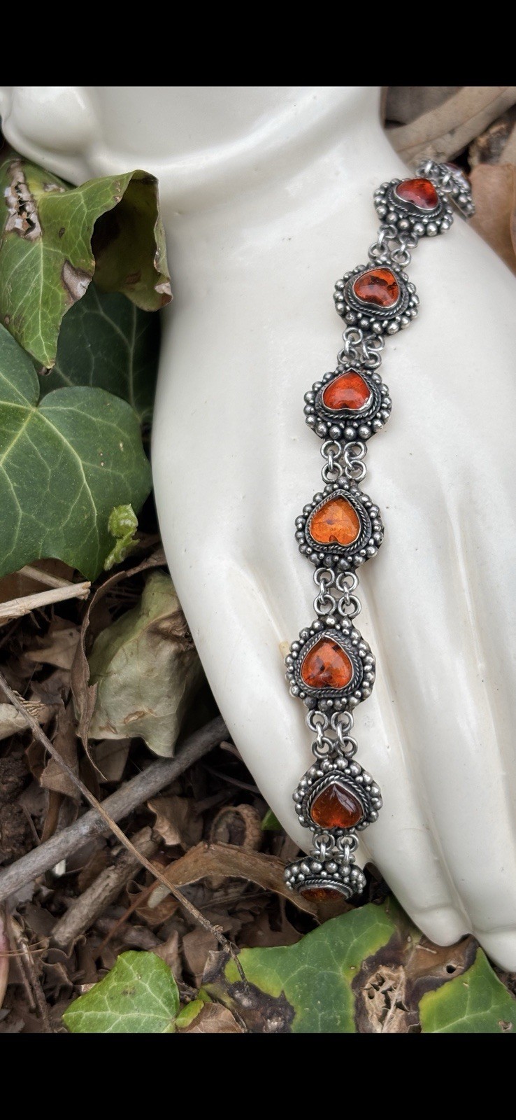 Amber Hearts & Sterling Silver Link Chain Vintage Bracelet 8 In HEAVY 23.5 G