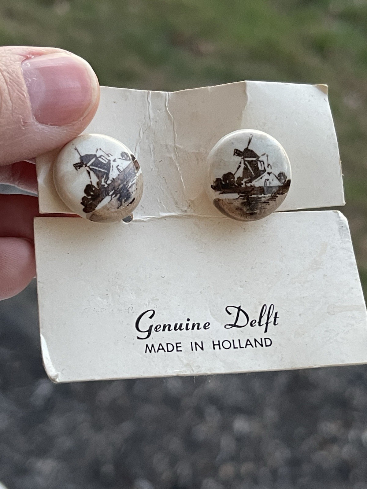 Jewelry Delft Brooch Earrings Hand Paint Brown Wind Mill Cottage Scene Holland