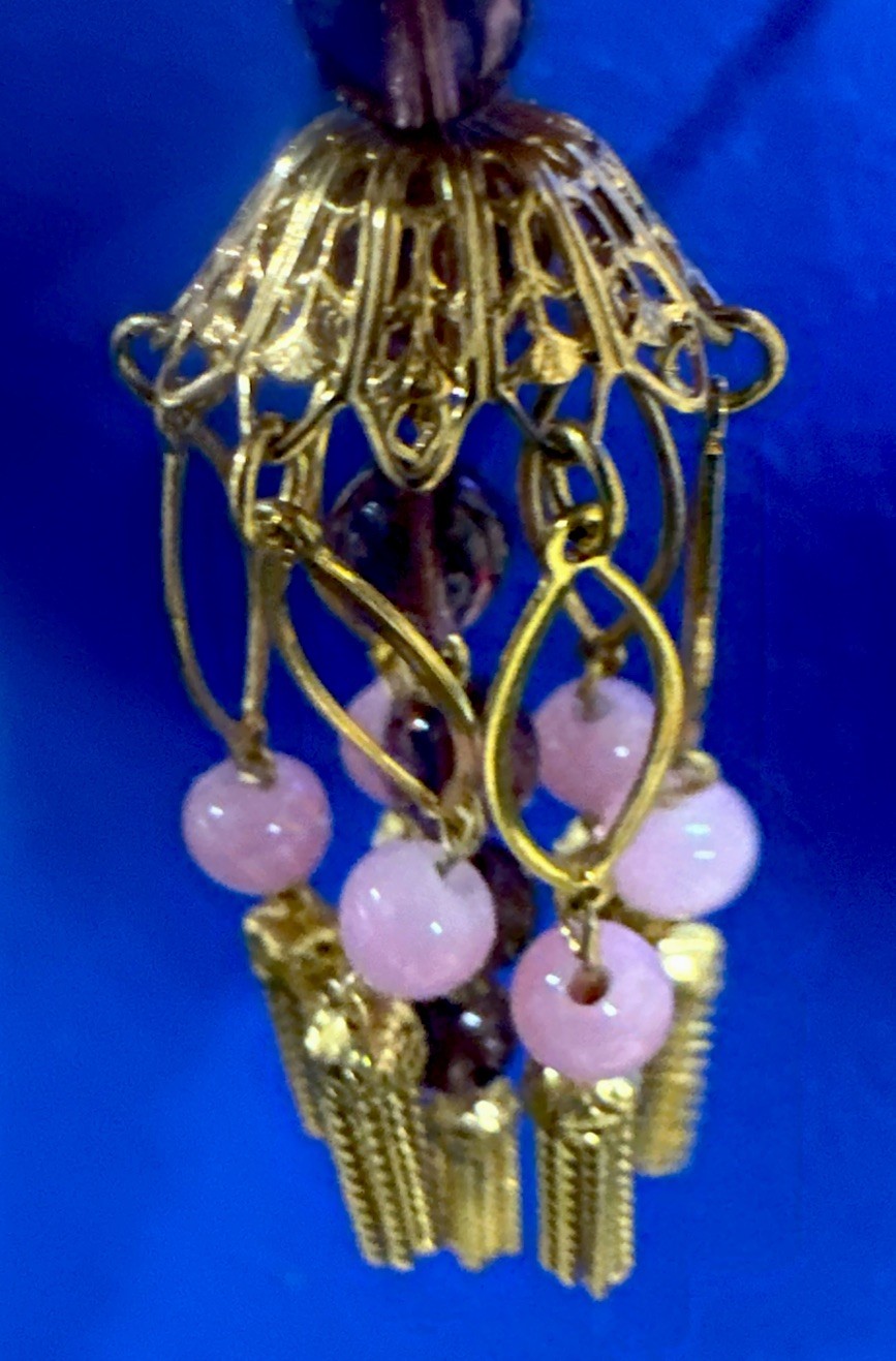 NOS Necklace Gold Plate Chain Multi Mini Chain Tassels wPink beads ornate unique