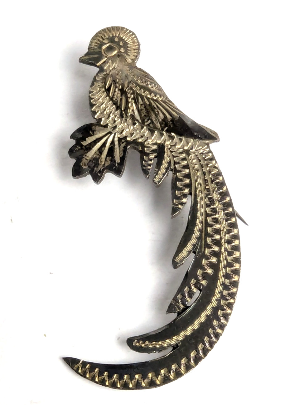Vintage Guatemala Quetzal Bird 900 Sterling Silver Pin Brooch Hand Etched 2″