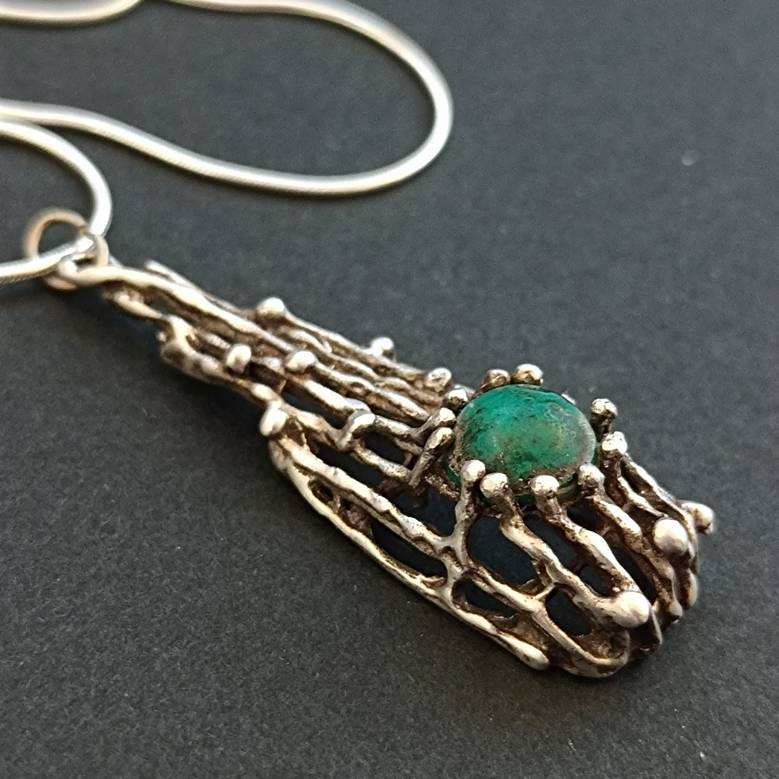 Modernist Brutalist Eilat Stone Pendant Necklace Sterling Silver Israeli 70s VTG