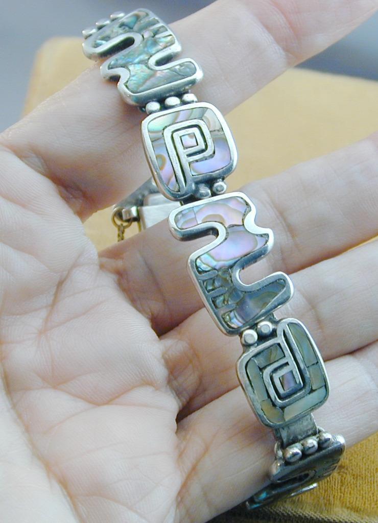 Early Los Castillo Mosaico Azteca Sterling Inlaid Abalone Bracelet Gorgeous