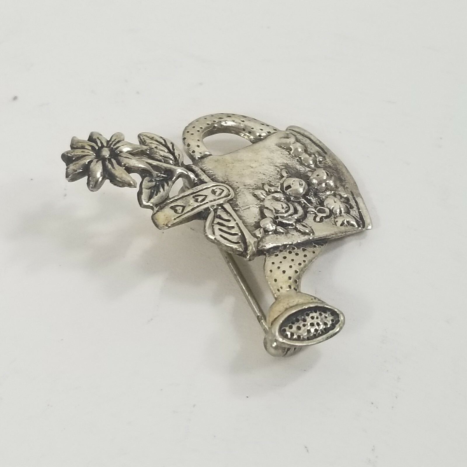 Gardeners Water Pitcher Pail Bucket Spout Brooch Pin flowers pitcher signed