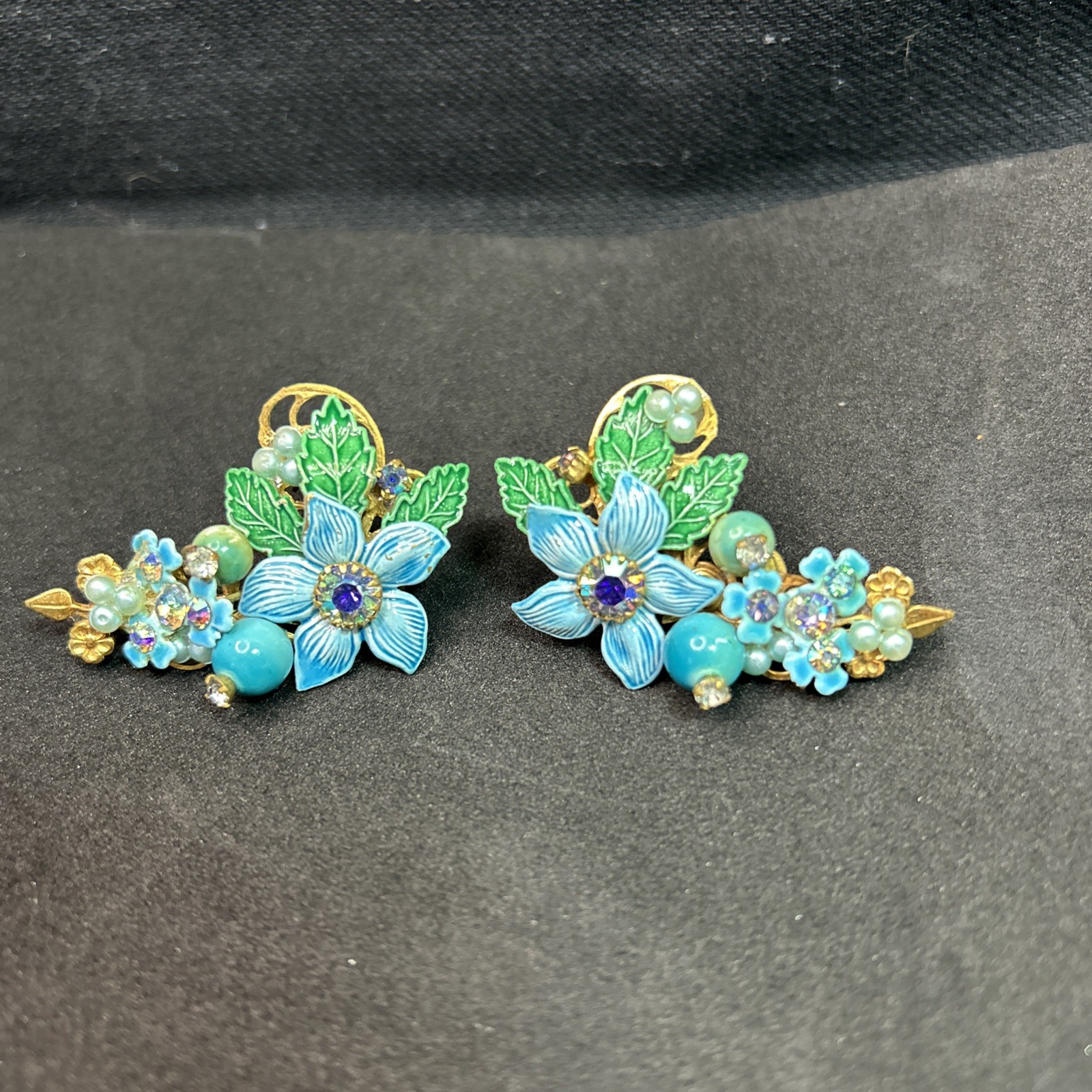 Miriam Haskell Lever Back Clip Earrings Blue Enamel AB Stones & Sim Pearls RARE!