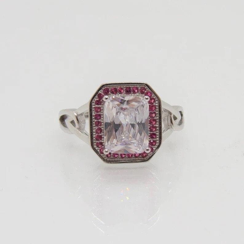3.5 Ct Radiant Cut Ring Ruby Halo Sterling Silver Art Deco Unique Statement Gift