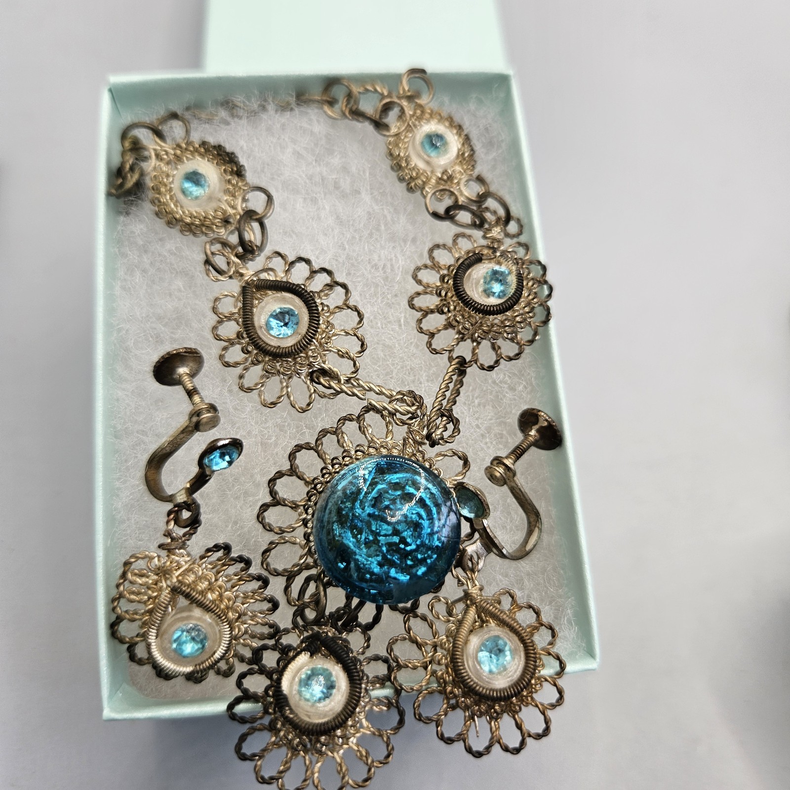 Antique Cannetille Spun Silver Necklace Blue Art Glass Screw Back Earrings Set