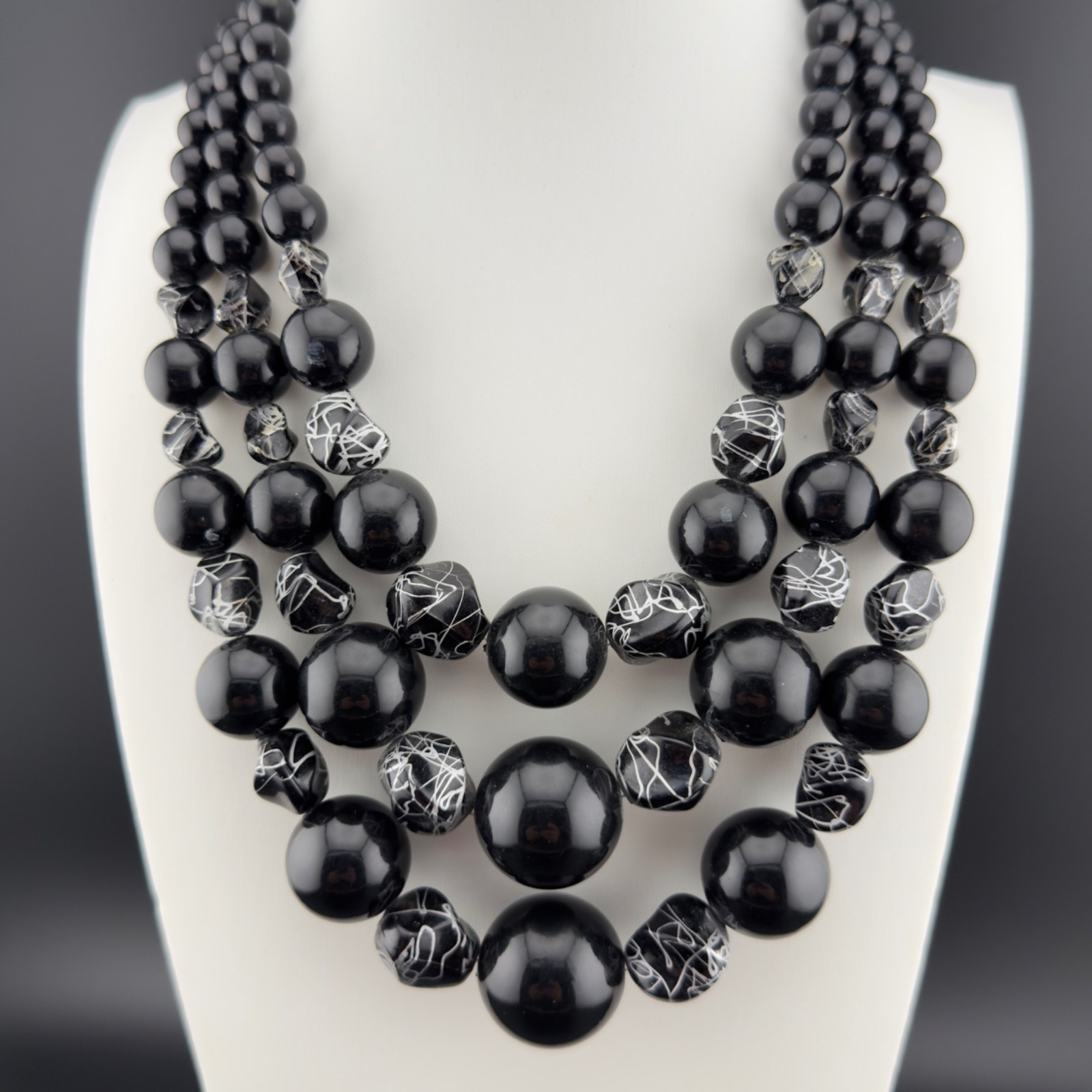 Vintage Beaded Statement Necklace Black Silver Acrylic Multi Strand