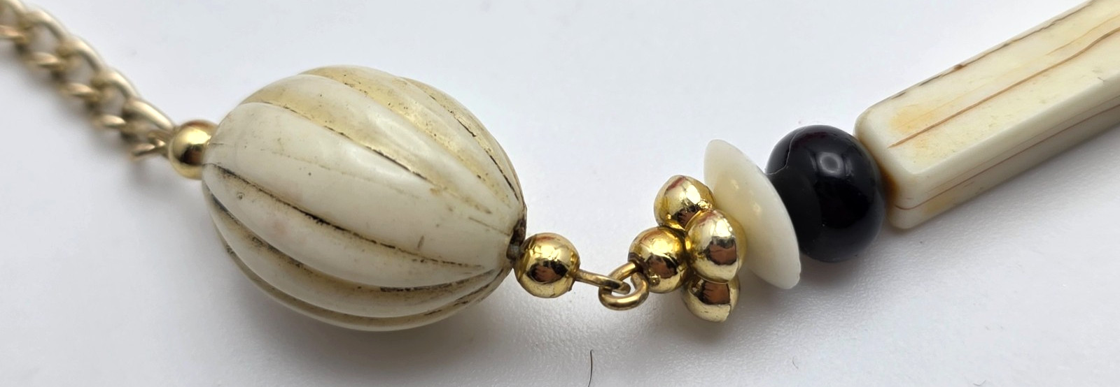 Vintage Lucite Beaded Necklace Cream Black Gold Tone 34 in Long Lightweight