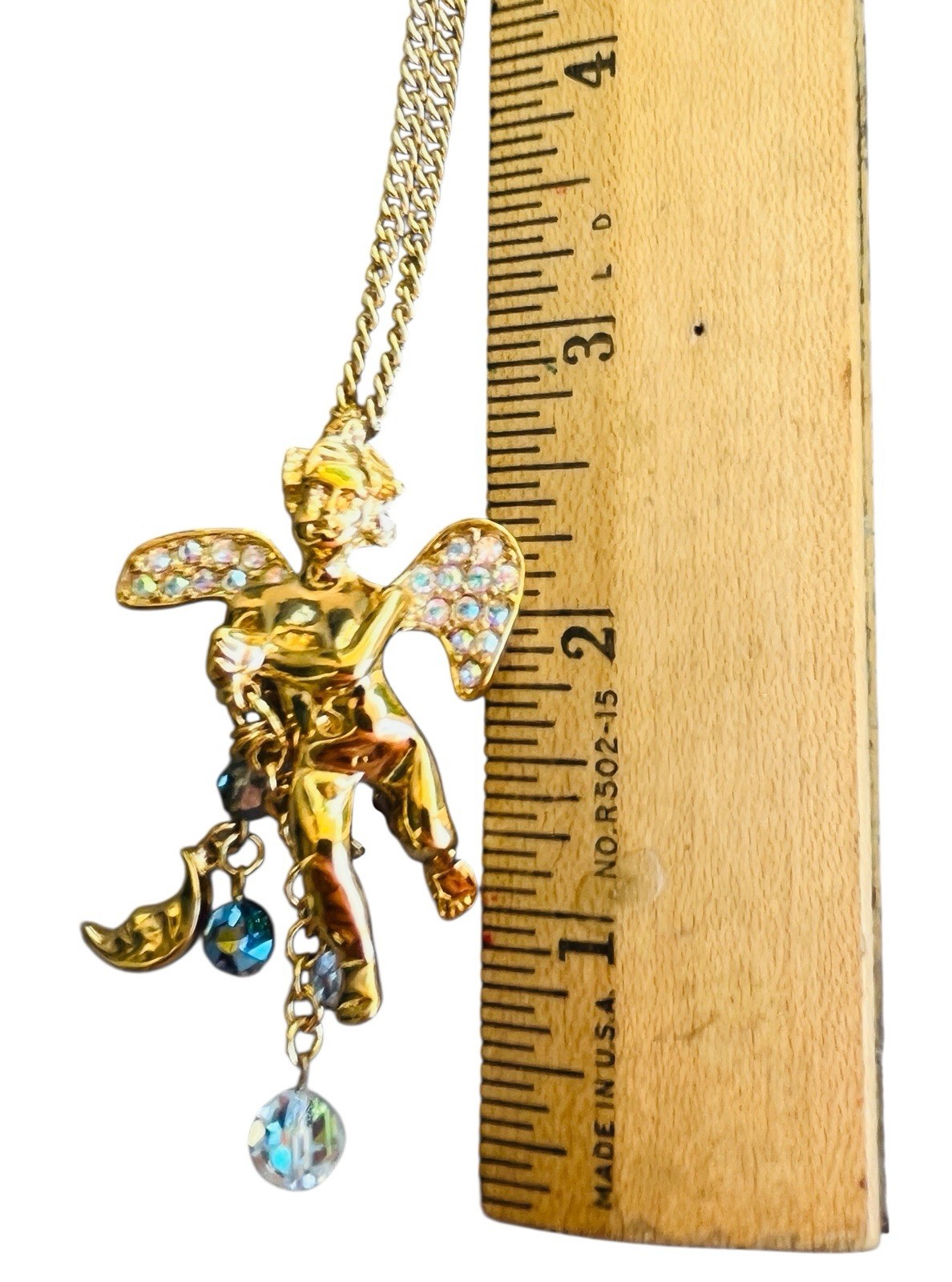 Vintage Signed Kirk’s Folly Angel Cherub Glass Dangle Gold Tone Necklace 28”