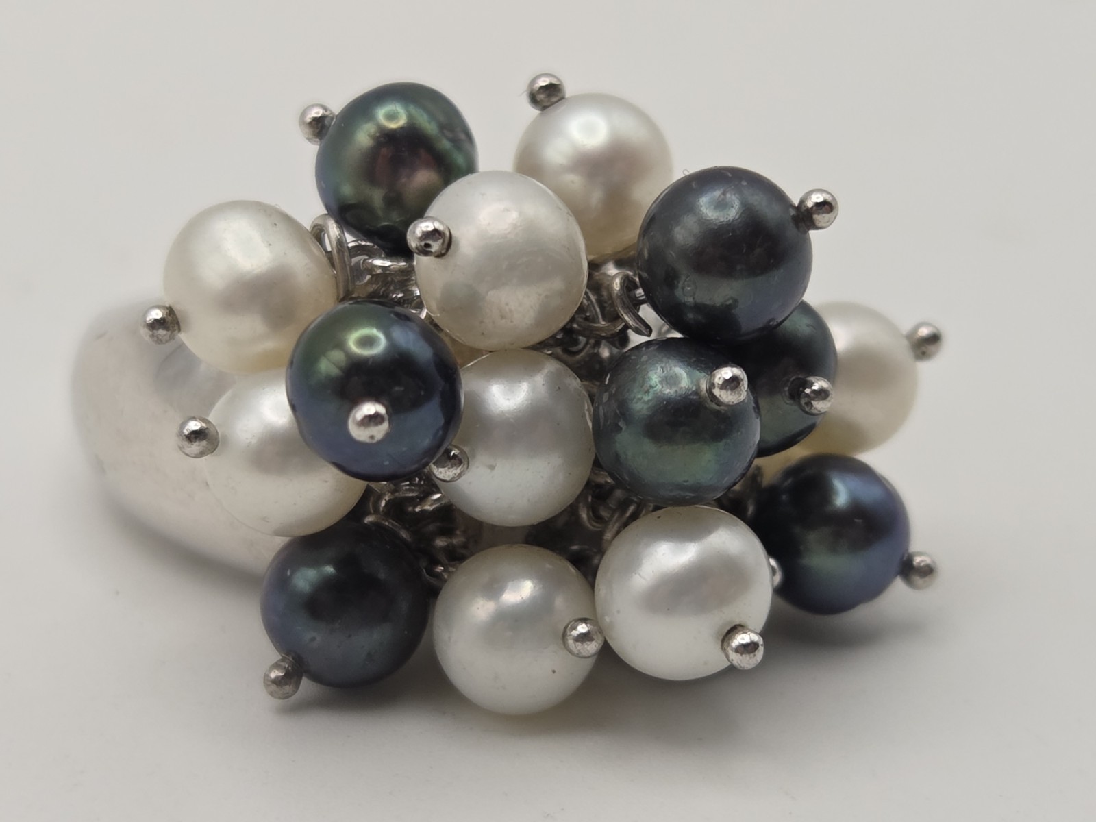 925 Vintage Dangle Pearl Ring White And Gray Sterling Silver Size 8