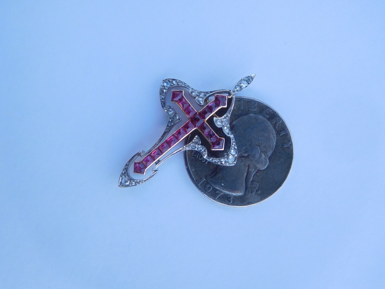Belle Époque Art Nouveau 18K Rose Gold Platinum Diamonds Rubies Cross Pendant 🥀